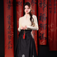 Danzhuna Horse Falda Falda completa Otoño Nuevo vestido chino Diario para el trabajo Versión modificada Versión Long Skirt Traje para mujeres 2679 Black Top + Red Horse Falda M