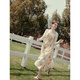 Fan Silann Blumen -Haltender Kleid für Frauen Französischer Sommer Neues Stil für Seaside Urlaub Date Rock 24FS12222 Ölgemälde Orange M.