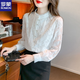 ROMON velvet thickened lace long-sleeved shirt women's base layer 2025 autumn and winter new style chic chiffon shirt stand collar white plus/velvet M