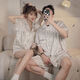 Clolv kissCK summer light luxury couple pajamas ice silk one male and one female student dormitory home clothes suit short-sleeved shorts CX418# gray letters high quality female M + male L 2 sets in total