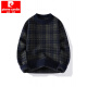 Pier Cardin 2025 winter thickened plaid sweater men's trendy brand round neck loose knit sweater men's pullover trendy jacquard thread Coffee 3XL