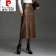 Pierre Cardin 2025 new slit leather skirt hip-covering skirt for women autumn and winter high-waisted slim skirt mid-length temperament one-step skirt brown skirt length 80-82CM 3XL 31/2 feet 4