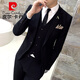 Pierre Cardin suit men's three-piece casual black suit, slim fit, Korean style formal groom, handsome wedding dress, trendy black suit + vest + trousers L 110-120Jin Jin equals 0.5 kg