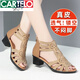 CARTELO leather Roman sandals 2025 new summer rhinestone thick heel medium heel hollow fish mouth shoes women's low heel mother shoes 96906 black thick heel style 38