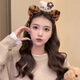 Mengkeduo cute leopard print kt cat headband girl face wash headband apply facial mask hairpin autumn and winter plush headband headwear kt cat ear headband beige