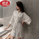 LangSha sexy new bridesmaid dressing gown collar ice silk pajamas women's home wear spring and summer mid-length nightgown OAF215+244 black strappy nightgown XL (116-125Jin Jin equals 0.5kg)