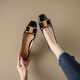 Asacho Spring and Summer Square Head Patch Patent Leather Women's Shoes Retro Bow Metal Button Women's Thick Heels Low Heel Square Head Single Shoes Women Black 9195 34