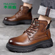 Mulinsen men's boots autumn and winter men's British retro Martin boots thick-soled heightened work boots wear-resistant high-top leather boots cotton boots brown four-season model 41