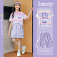 Pitt Pitt Girls Manga corta Summer Children 2025 Nuevo ropa deportiva de secado rápido Ropa para niños de dos piezas de dos piezas 10 años 9852 Color de gradiente + 18442 pantalones morados 170 cm