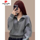Pierre Cardin gray sweatshirt for women spring and autumn 2024 loose niche short half-zip top fashionable age-reducing jacket gray XL 125-140Jin Jin is equal to 0.5 kg