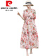 
Pierre cardin retro ethnic style women's long skirt summer age-reducing mother m mother's outfit lace-up waist slimming cotton linen dress floral dress 683 pink 2XL