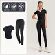 Fanstick Sports Suit Women's Spring and Summer Tights Running Fitness Wear Slimming Pilates Yoga Wear Black Short-Sleeved Two-piece Set M (Recommended 95-105 Jin Jin equals 0.5 kg)