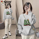 Woodpecker 2025 Printemps, automne et hiver NOUVEAU COU ROND COUP LONG STACKET à manches longues T-shirt pour femmes de style paresseux Top en veste pour les femmes en milieu de longueur [681 gris à fleurs] G1506 L 90-110Jin [Jin est égal à 0,5 kg]