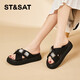 Saturday (St/Sat) mid-heel sandals for women 2024 summer new fish mouth rhinestone sandals fashionable and versatile one-slip flops for women black 35