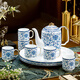 Hanming Jingdezhen Enamel high-end tea set complete living room household ceramic kettle and cup set moving to new home gift with tea and water separation 8-piece set | gift box