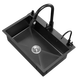 Jiumuwang thickened 304 stainless steel sink large single-slot washbasin home kitchen sink three-hole black nano three-hole basin black 68*45 pull-out faucet package