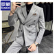 ROMON high-end double-breasted suit men's Korean version slim-fit groom's wedding dress sense business casual suit jacket black suit XL