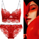 Victoria Palace Plus Size Bra Lace Ultra Thin Transparent Women's Bra Set Letter Strip Sexy Bra Breathable Underwear Set Red 32/70A (With S Size Underwear)