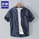 
Romon pure cotton striped short-sleeved shirt men's stand collar white loose breathable short-sleeved casual inch shirt round neck Japanese trendy YY9721 sky blue lapel L