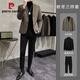 Pierre Cardin spring and autumn thickened woolen small suit men's jacket high-end casual Korean style handsome suit men's knitted brown woolen suit 3-piece set XL