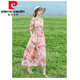 
Pierre cardin retro ethnic style women's long skirt summer age-reducing mother m mother's outfit lace-up waist slimming cotton linen dress floral dress 683 pink 2XL