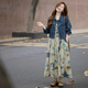Keyin Kleid Frauenanzug 2025 Herbst- und Winter neuer Salztyp-modischer altersreduzierender Denimjacke Tinte-Malrock für Frauen-Denimjacke + Blumenrock [Set] XL
