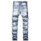 Moring Bull New High Street AM Trendy Jeans Herren zerrissener Cobra Sticker Leder Patch Elastizität Slim Black Black 3523 29