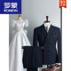 ROMON three-piece striped men's suit wedding suit double-breasted wedding slim trendy groom's dress double-breasted black top + pants 2XL 54135-145Jin Jin equals 0.5 kg