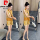 皮尔卡丹（pierre cardin）国风贵气感时尚套装女2025夏季新款坎袖拼接盘扣马甲短裤两件套女 12158-黄色套装 L 【建议95-110斤】