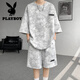Playboy (PLAYBOY) summer suit men's niche design tie-dyeing 7-quarter sleeve T-shirt shorts trendy cool big size men's clothing set TZ757 tie-dyeing black L (recommended 110-125 Jin [Jin equals 0.5 kg])