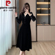Pierre Cardin 2025 Herbst- und Winter Koreanische Version des Promi-Temperaments Velvet V-Ausschnitt Longärmedose Schwarzes kleines Kleid Frauen-Basisrock Langer Rock Schwarz 2xl