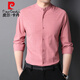 Pier Cardin Langarmed Hemd Herren-Stand-up-Kragen chinesische Stil Festkörper-Hemd Herren-Leinen Baumwolle Trendy mittleren Alters und junger Vater Frühlings- und Herbst-Top 9930 Hellblau 180/XL