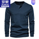 ROMON American retro long-sleeved Henry shirt spring and autumn T-shirt men's heavy cotton Ami khaki casual black loose top dark blue A501 long sleeve L 145-160Jin Jin equals 0.5 kg