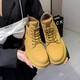 Planaling Martin Boots Chaussures pour femmes en cuir grosses bottes jaunes épaisses Sole Toe rond Talon épais Top haut à lacets Casual Versatile Fashion Classic Style Geuthe Super Cuir gros Bottes jaunes 6 trous 36