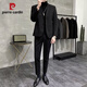 Pierre Cardin spring and autumn thickened woolen small suit men's jacket high-end casual Korean style handsome suit men's knitted brown woolen suit 3-piece set XL