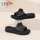 Zapatillas de libélula roja para la planta espesa de la mujer y el verano de la sola primavera y el verano de la sola de productos para el hogar para uso doméstico de mediana edad y ancianos para zapatillas de cuero al aire libre altura de tacón negro 4 cm 37