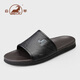 公羊一字拖鞋男高端夏季新款外穿真皮软皮软底男士凉拖 黑色  40 