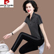 Pierre cardin middle-aged mother summer short-sleeved T-shirt middle-aged sportswear suit women summer stand collar top fashion two-piece set 6625 black two-piece set 4XL (suitable for 142-155Jin [Jin equals 0.5 kg])