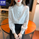 ROMON velvet thickened lace long-sleeved shirt women's base layer 2025 autumn and winter new style chic chiffon shirt stand collar white plus/velvet M