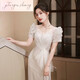 
Lanlingfang fishtail evening dress women's touching sequins light luxury niche birthday wedding dress French hosting banquet temperament Rice gray S