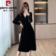 Pierre Cardin 2025 Herbst- und Winter Koreanische Version des Promi-Temperaments Velvet V-Ausschnitt Longärmedose Schwarzes kleines Kleid Frauen-Basisrock Langer Rock Schwarz 2xl