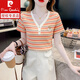 Pierre Cardin Color Striped V-Ausschnitt T-Shirt für Frauen kurzärmelig 2024 Sommer neues schlankes Hemd modische und vielseitige altersreduzierende obere orangefarbene Farbstreifen [6628%23] M 90-100jin [Jin gleich 0,5 kg]