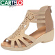 CARTELO leather Roman sandals 2025 new summer rhinestone thick heel medium heel hollow fish mouth shoes women's low heel mother shoes 96906 black thick heel style 38