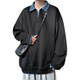Four fake two-piece Henry collar sweatshirt for men, spring and autumn high-end shirt-style jacket, loose and handsome polo collar pullover top, black M, one size fits all