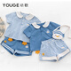 YOUGE Little Mint Summer duck-shaped soft and breathable loose navy style top and shorts set blue and white plaid (shirt) 80 cm