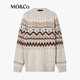 MO&Co. Fair Isle Sweater 2025 Winter New Product Contains Wool Alpaca Round Neck Loose Shoulder Wandering Style MBE4SWTT12 Light Floral Camel S /160
