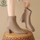 Woodpecker French soft leather short boots ankle boots thick heel Martin boots square toe plus velvet short tube 2025 new autumn and winter slim boots for women beige single lining 37