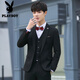 Playboy Suit Men's Casual Jacket Men's Fashion Handsome Professional Formal Wear Three-piece Slim Korean Style Suit Groom Wedding Black Three-piece Suit XL