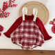 Baby girl's winter clothing plus velvet red New Year's romper plaid overalls khaki baby New Year's greetings attire baggy robe red khaki 66cm 66cm
