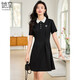 Disfruta de un vestido de manga corta con un collar de blusa y un diseño de adelgazamiento de cintura, falda midi versátil y de moda T143Q1391 Negro L